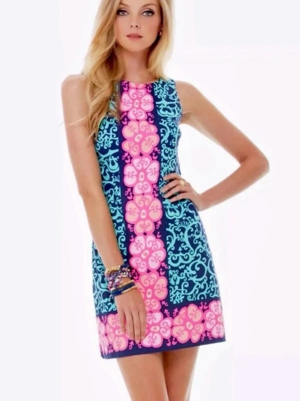 Lilly Pulitzer Delia Shift Mini Dress Blue & Pink Sz 2 Fountain Hopping